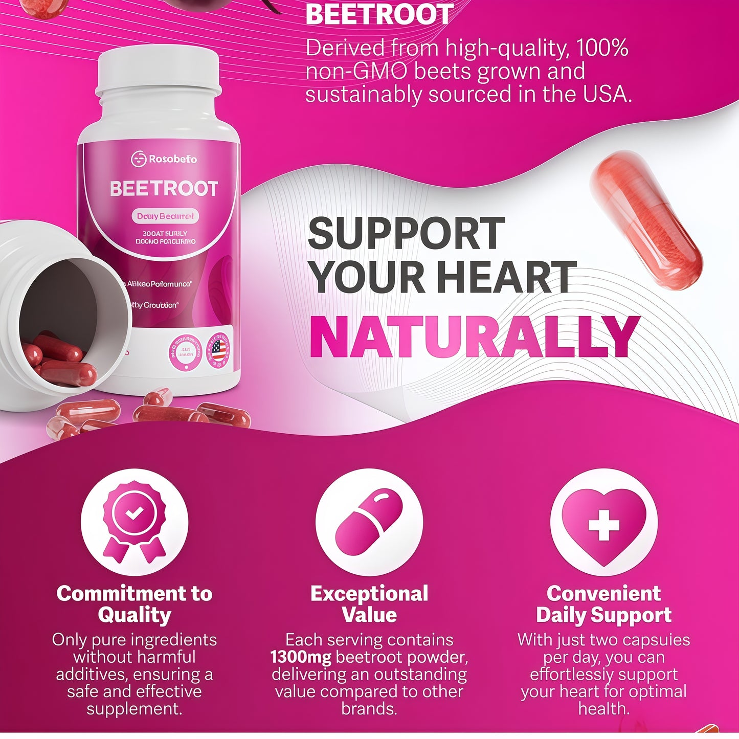 Rosabella Organic Beet Root Capsules - 1300mg Beet Root Powder Aids Healthy Circulation & Vitality, Non-GMO, Beet Root Supplement - 60 Capsules, 30-Day Supply