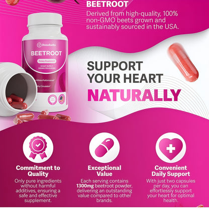 Rosabella Organic Beet Root Capsules - 1300mg Beet Root Powder Aids Healthy Circulation & Vitality, Non-GMO, Beet Root Supplement - 60 Capsules, 30-Day Supply